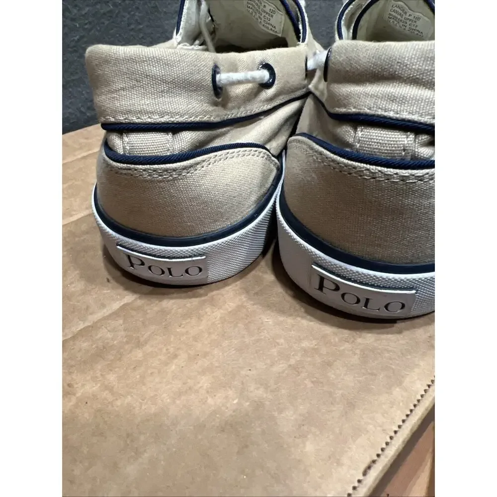 Polo Ralph Lauren Lander Boat Shoes Beige Canvas With Blue Pony Mens Size 12D